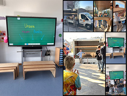 Anlieferung Bänke + Tafel mit Schriftzug-Baenklis sind da-