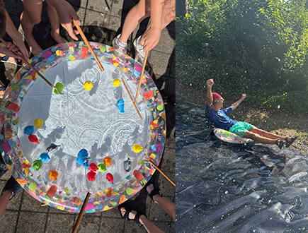 Schülerinnen und Schüler haben beim Sommerspieletag Spaß beim Entenangeln und auf einer Wasserrutsche.